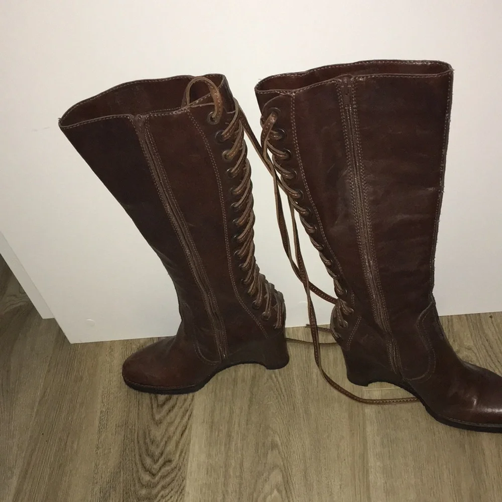 APEPAZZA REAL LEATHER LACED TIE UP WEDGE HEEL NON SKID SOLE Knee-High Boots - Picture 6 of 11